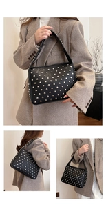 Detailed views of a black PU leather tote bag with silver studs and shoulder straps