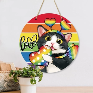 Rainbow LOVE sign hanging plaque with black and white cats for farmhouse door decor