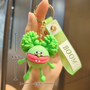 Funny green monster silicone keychain with red lips and BOOM! wrist strap, 6.5cm charm