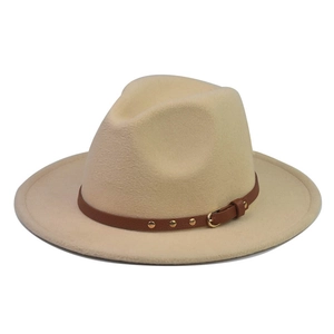 Detail of off-white wool fedora hat featuring a brown leather belt with gold metal studs