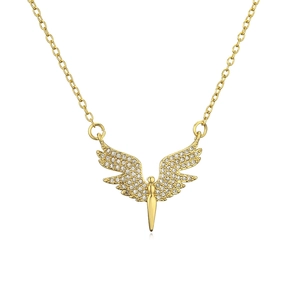 Golden angel pendant necklace with sparkling cubic zirconia on a classic O-chain