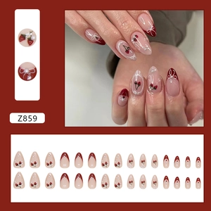 Faux ongles amande avec motifs cerises, perles et pointes françaises, coffret 24 pièces