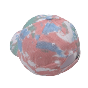 Adjustable tie-dye baseball cap featuring a multi-color pastel pattern and silver metal buckle