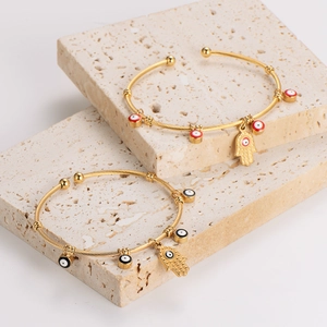 18K gold-plated stainless steel evil eye open bangle set with Hamsa hand charms