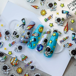 Autocollants Art Des Ongles Astronaute Espace Relief Gaufré Auto-Adhésif Dessins Animés Planètes Fusée Décoration Manucure Pour Femmes