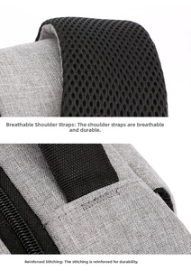 Detail of padded breathable mesh shoulder straps and reinforced stitching on travel backpack