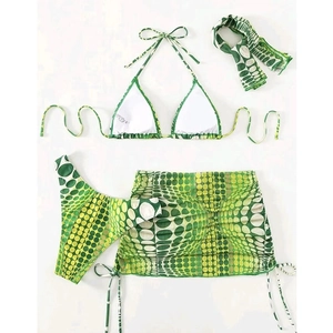 Detail view of 4-piece geometric print swimsuit including bikini, skirt, and headscarf