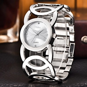 Close-up of Bellas silver quartz watch featuring rhinestone dial and hollow chain band