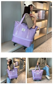 Purple expandable Oxford travel bag with rolling wheels and large capacity storage