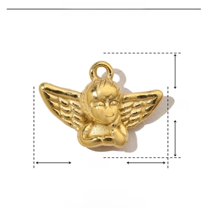 Macro detail of a gold angel charm with specific size dimensions of 15mm by 10mm