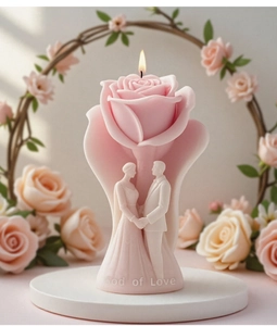 Detail of rose candle mold featuring a couple statue and God of Love text engraving