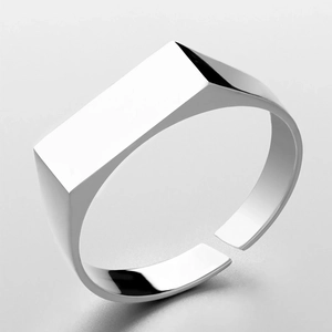 Men's polished stainless steel signet ring with a geometric flat top and adjustable band