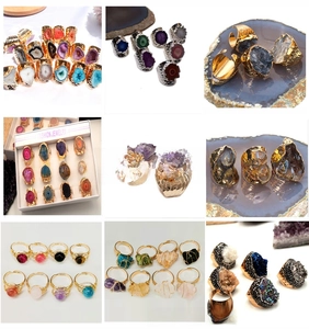 Detailed grid showing raw crystal rings in amethyst, agate, and various natural gemstones