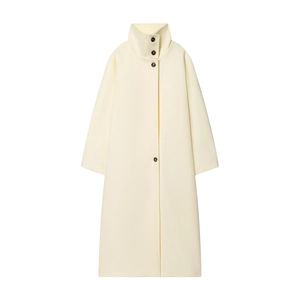 Women Long Woolen Coat Stand Collar Single Breasted Minimalist Winter Outerwear Loose Fit Warm Beige Cream Jacket
