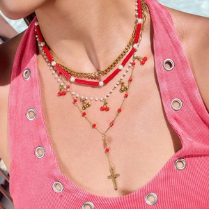 18K gold plated stainless steel necklace with red stone, pearls and cherry pendant