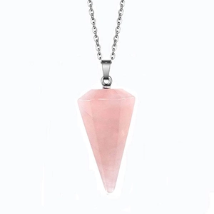 Hexagonal rose quartz point necklace with silver chain on white background