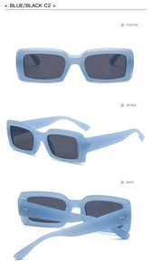 Three-way view of light blue rectangular sunglasses showing front, side and back details