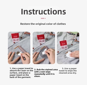 Three-step instruction guide for using portable stain removal wipes on clothing fabric