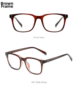 Detailed front and side views of tea-colored transparent square TR90 eyewear frames