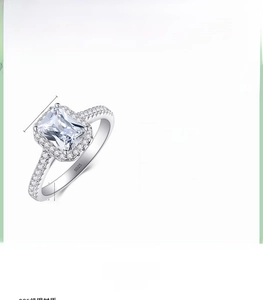Macro view of S925 silver ring with emerald cut zircon and 3.26g weight specs