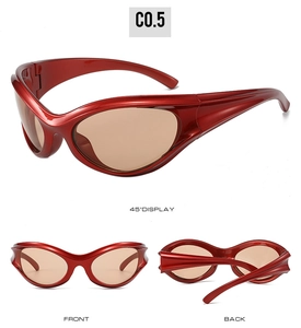 Three perspectives of red Y2K cat-eye sports sunglasses with metallic finish and brown lenses