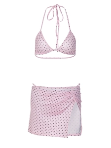 Three-piece pink polka dot bikini set with tube top and side slit swim skirt