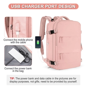 Pink travel backpack featuring an external USB charging port and functional detail view