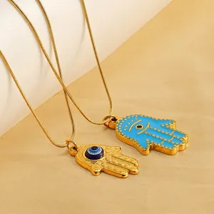 Hamsa Hand Evil Eye Pendant Necklace 18K Gold Plated Stainless Steel Blue Enamel Turkish Protection Jewelry For Women