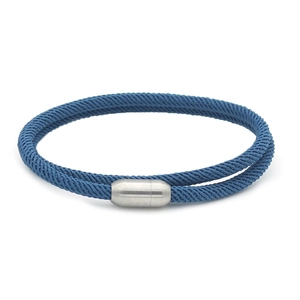 Navy blue double-wrap braided cord necklace with cylindrical magnetic metal clasp
