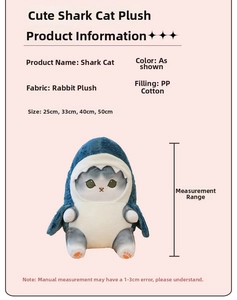 Size chart for shark cat plush toy featuring rabbit fur fabric and PP cotton filling details