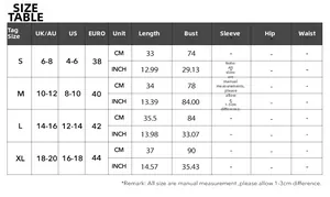 Detailed size guide table for Y2K lace camisole including UK, US, and EU measurements