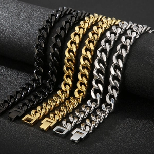 Men Cuban Link Chain Necklace Bracelet Stainless Steel Chunky Flat Curb Hip Hop Punk Streetwear Trendy Jewelry
