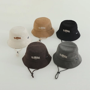Kids corduroy bucket hats with Florida embroidery in five colors and windproof ropes