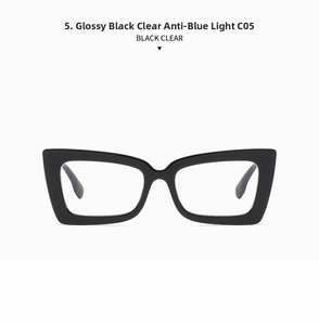 Macro detail of glossy black cat-eye frame glasses with anti-blue light clear lenses