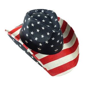 Chapeau de cow-boy en paille avec motif drapeau américain, étoiles et rayures rouges