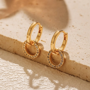 Luxury Copper Micro Pave Rhinestone Double Hoop Earrings For Women 18K Gold Plated Geometric Circle Pendant Fashion Jewelry