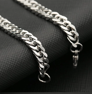 Close-up of polished silver stainless steel Cuban chain link with lobster clasp detail