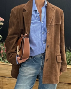 Detail of premium brown suede blazer featuring notched lapels and soft matte texture finish