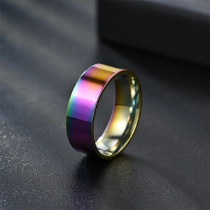 Macro detail of rainbow gradient 8mm stainless steel flat band with polished metallic finish