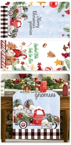 Vertical collage showing festive Christmas table runners with gnomes and red truck designs