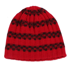Detailed view of the ribbed knit texture and red-black striped pattern on the beanie