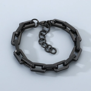 Detail of black industrial chain bracelet with lobster clasp and adjustable extension link
