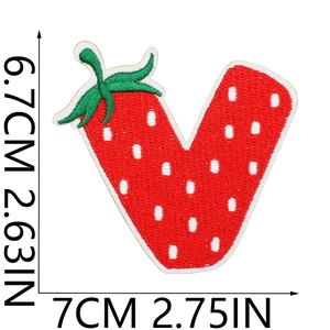 Size measurement of letter V strawberry embroidery patch showing 7cm width and 6.7cm height
