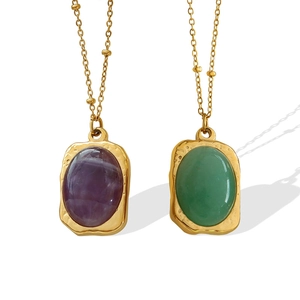 Retro titanium steel necklaces with purple and green natural stones and hammered gold frames