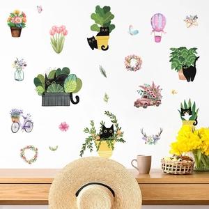 Black Cat Flower Wall Stickers PVC Self Adhesive Removable Waterproof Nursery Bedroom Decor Hand Drawn Watercolor Style