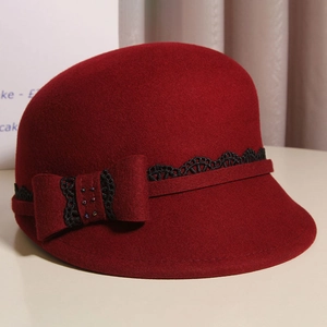 Elegant dark red wool felt equestrian hat with black lace trim and bow for women