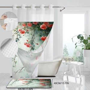 Detail of red floral shower curtain fabric texture and metal grommet rings for bathroom