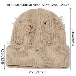 Distressed knit beanie detailing dimensions and khaki ripped texture for a street style look
