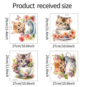Detailed dimensions of four cute cartoon cat tea cup wall stickers measuring 29x27cm
