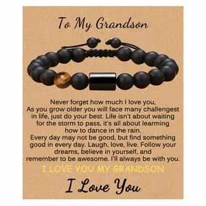 Tiger Eye Stone Matte Black Agate Beaded Bracelet With Greeting Card Gift For Son Grandson Husband Boyfriend Adjustable